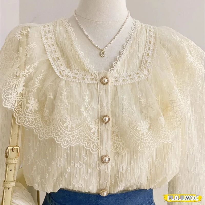 Blusa Blanca Volantes Elegante Manga Larga Mujer Oficina FLHJLWOC