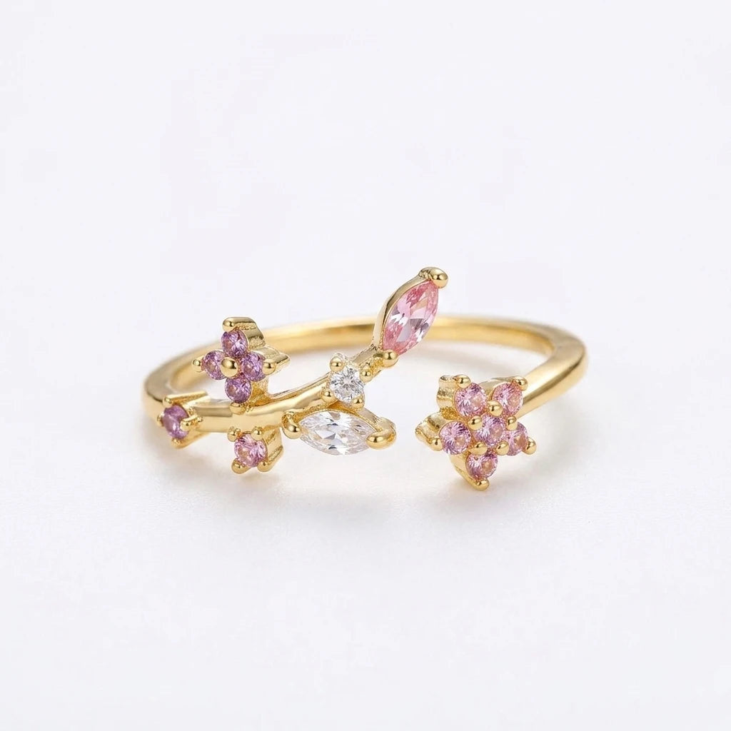 Anillo Flor Circon Colorido Ajustable - Joyería Vintage para Mujer