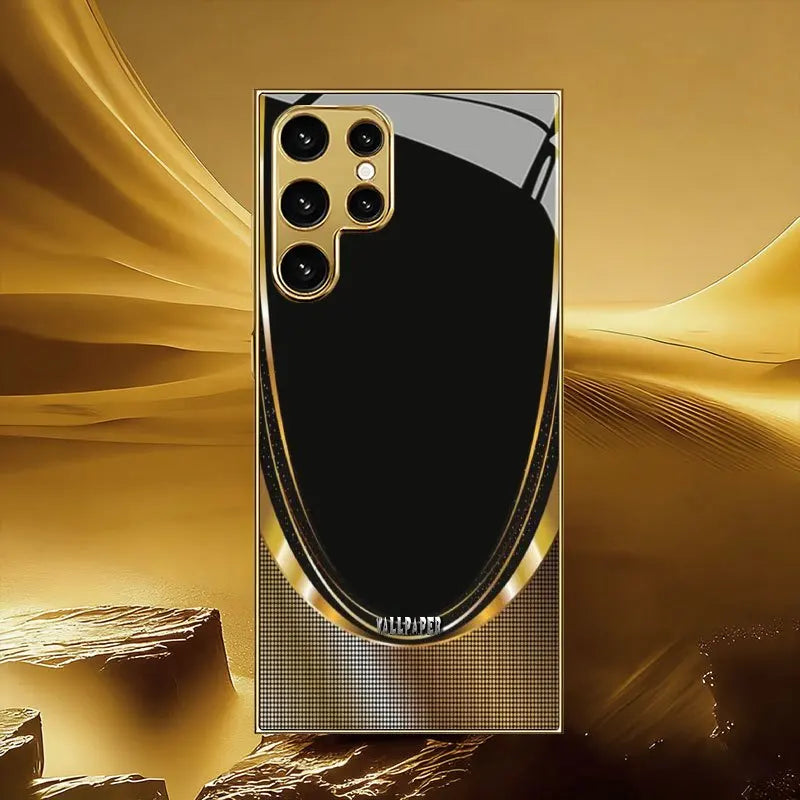 Elegant phone case with gold border and black pattern, designed for smartphones by Corporación Turística.