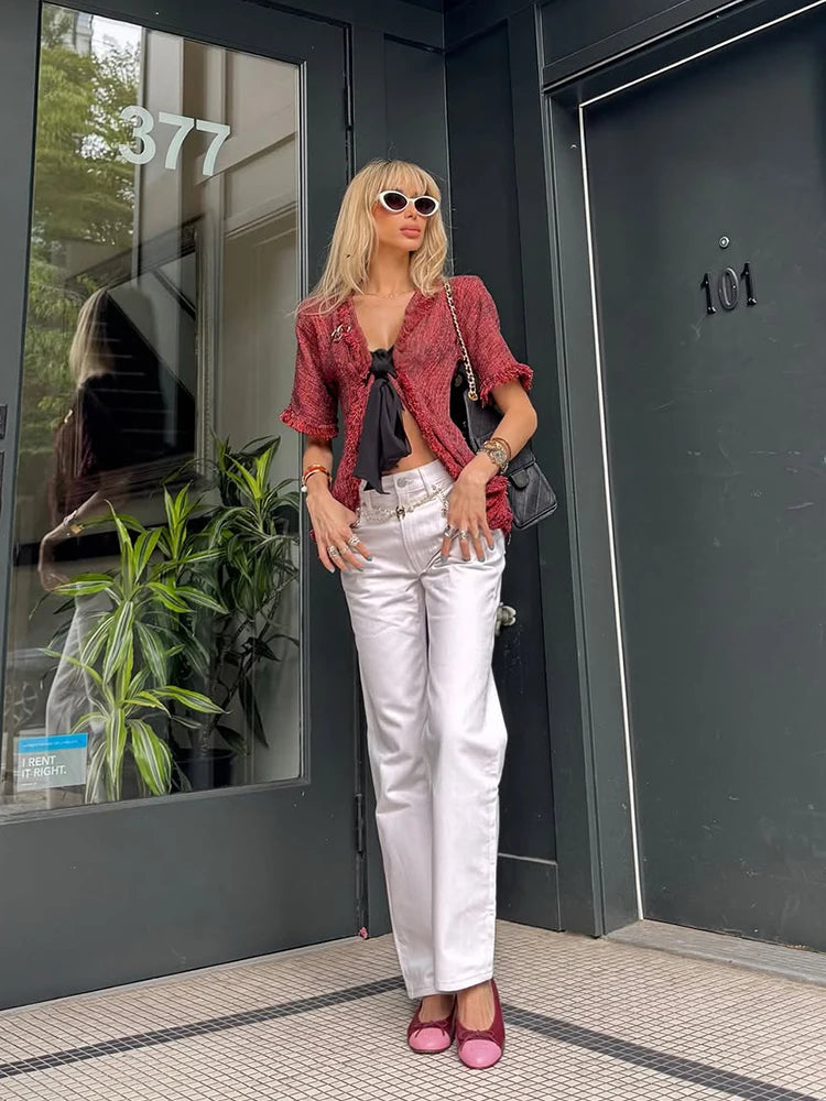 Blusa Vintage Flecos Cuello V Verano 2026 Chic Dama
