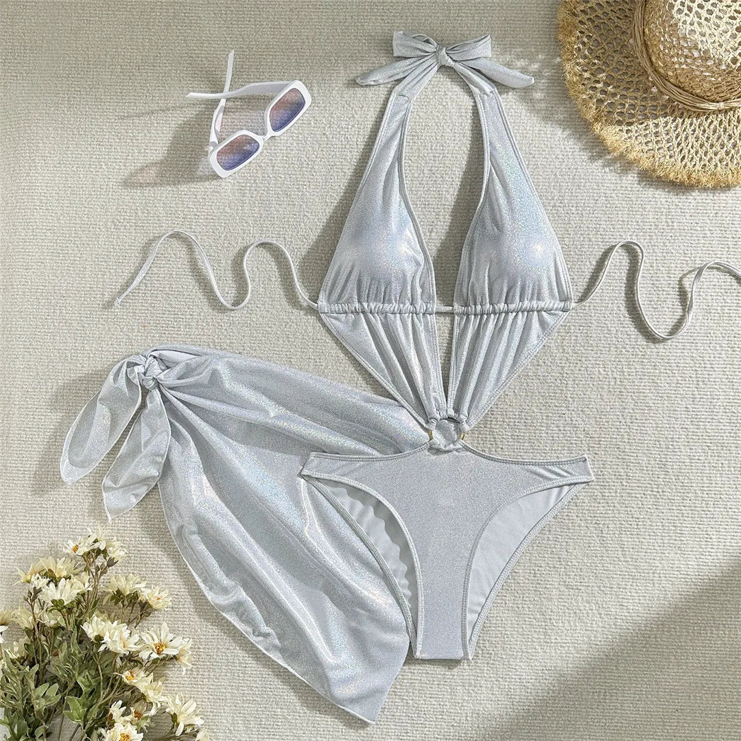 Sparkling glitter con sarong with deep V neckline, vibrant and stylish swimwear by Corporación Turística, perfect for beach or pool.
