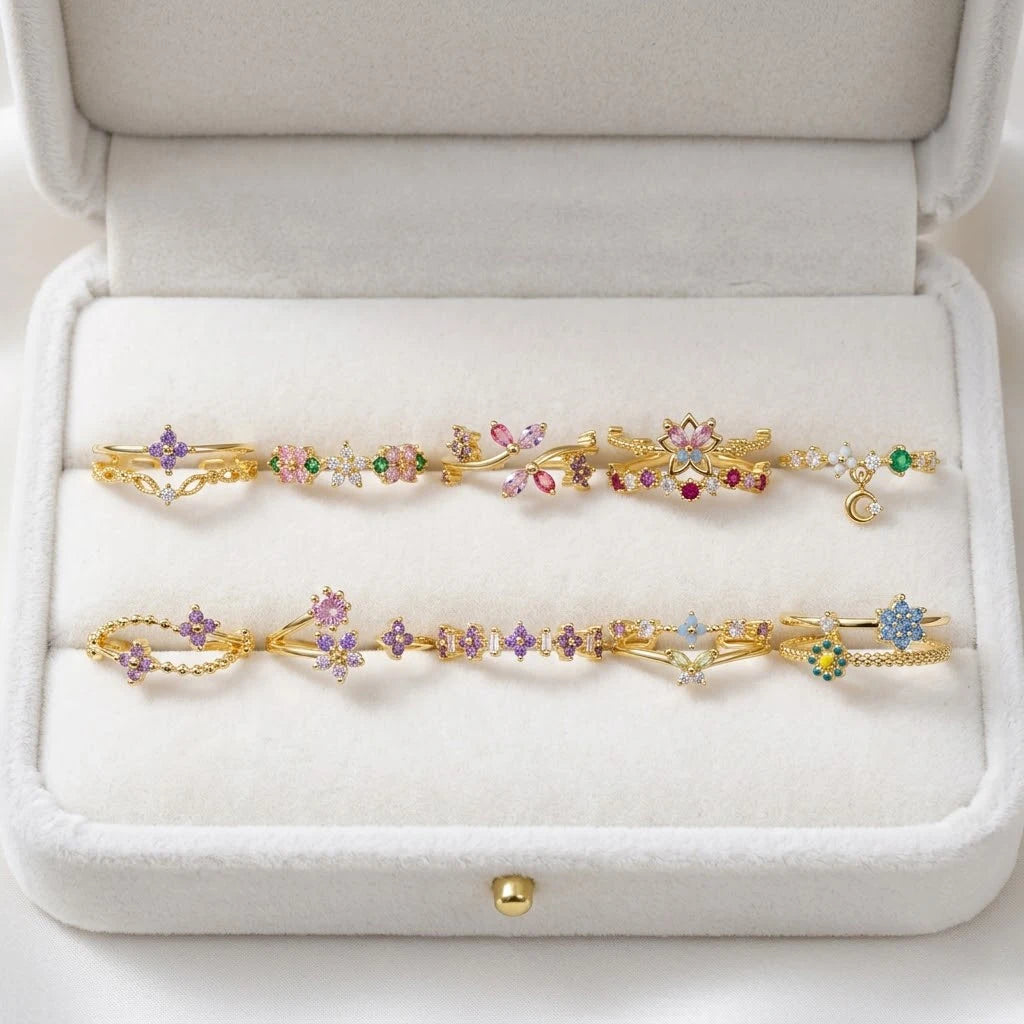Anillo Flor Circon Colorido Ajustable - Joyería Vintage para Mujer