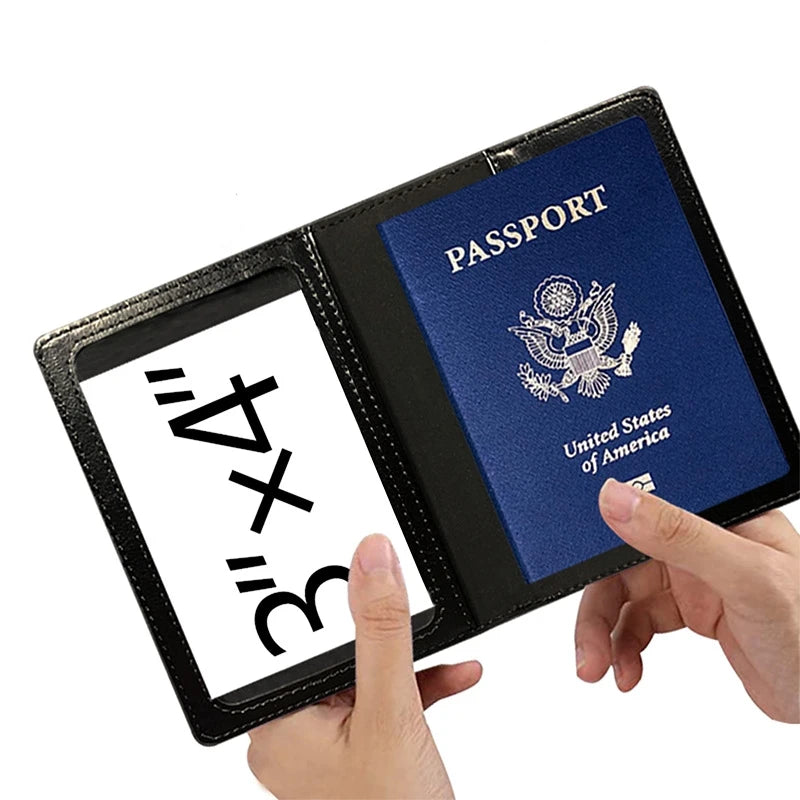 Black leather RFID passport holder by AEROCANDY, designed for secure travel and organized storage of passport and travel documents.