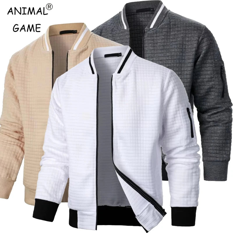 Khaki men's baseball jacket by ANIMAL GAME featuring a warm, casual design with a front zipper, suitable for autumn outdoor wear.