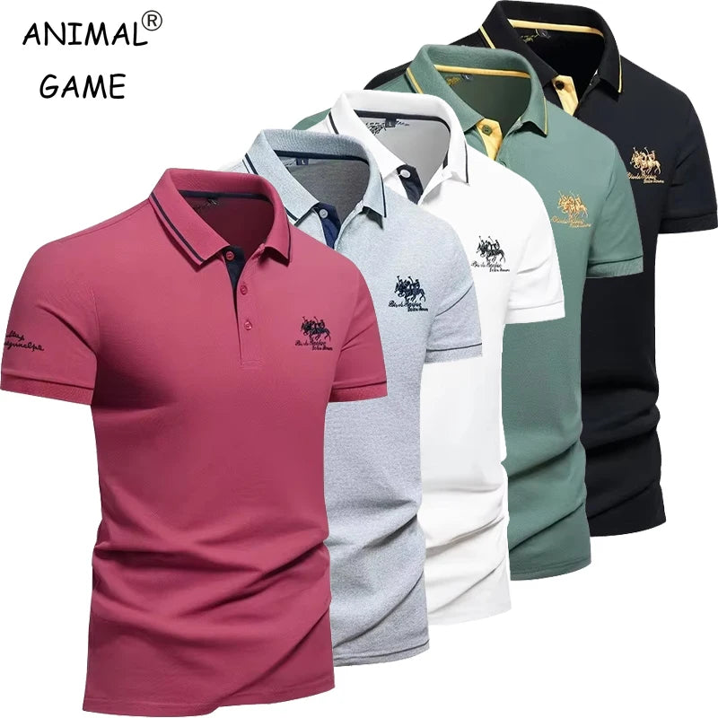 Navy blue embroidered polo shirt for men by Animal Game with short sleeves, casual summer style.