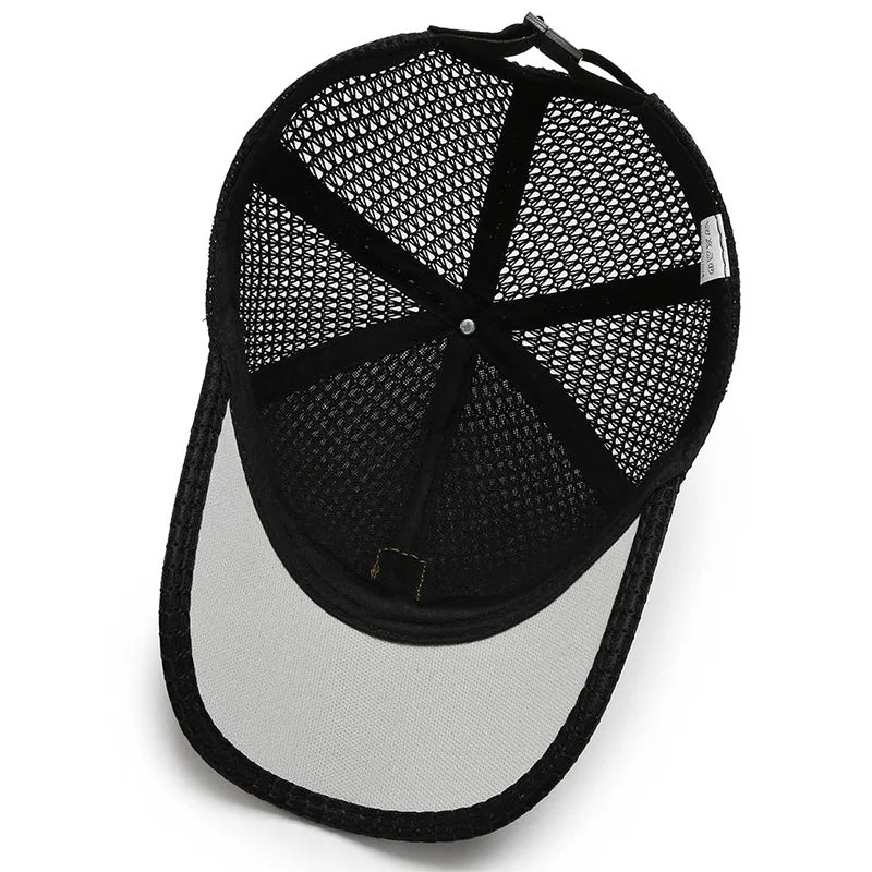 Black breathable mesh baseball cap by Ayaco.Fan, adjustable snapback, summer sun, and hip hop style accessory.
