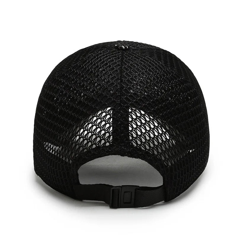 Black breathable mesh snapback cap by Ayaco.Fan, adjustable baseball hat perfect for summer sun and hip hop style.