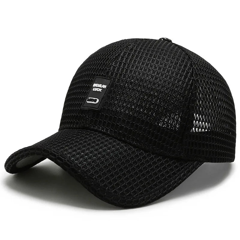 Ayaco.Fan breathable mesh baseball cap, black snapback hat with adjustable strap, perfect for summer sun and hip hop style.