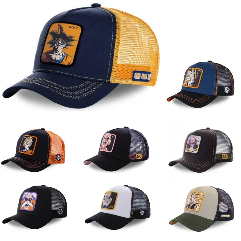 White adjustable baseball cap featuring embroidered Dragon Ball Son Goku design, made by Bandai, suitable for summer and casual wear.