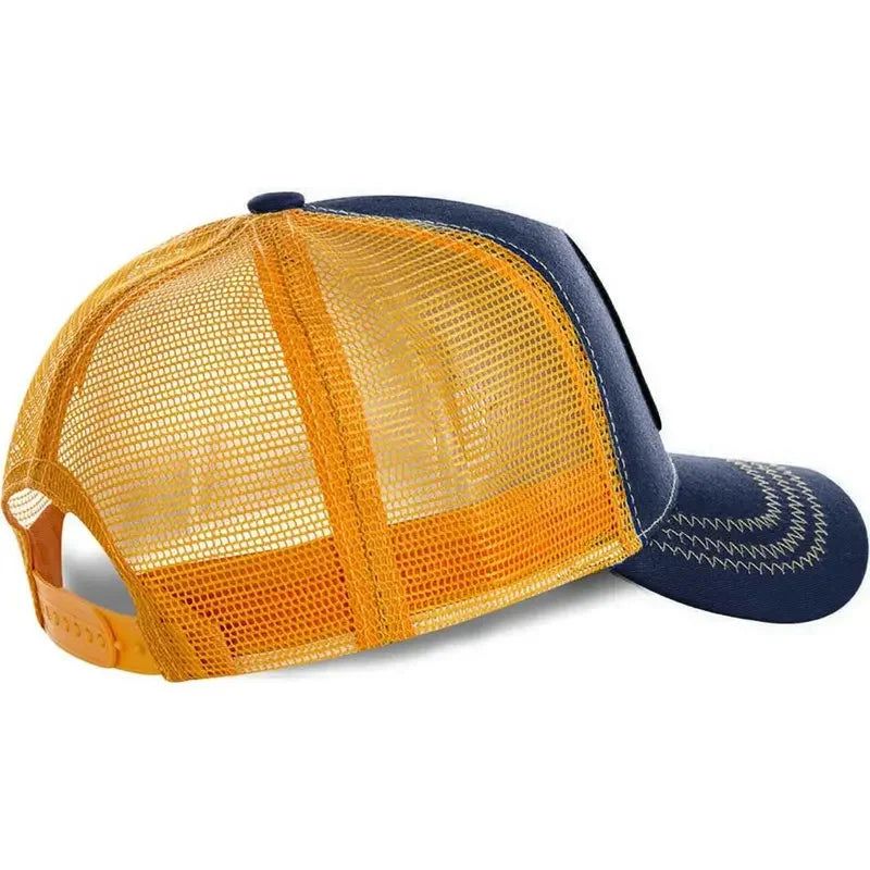 White Bandai Dragon Ball Son Goku summer baseball cap with embroidered design, adjustable hip hop style, breathable mesh fabric.