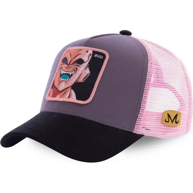 White adjustable baseball cap featuring embroidered Son Goku from Dragon Ball, with breathable mesh for summer wear, by Bandai.