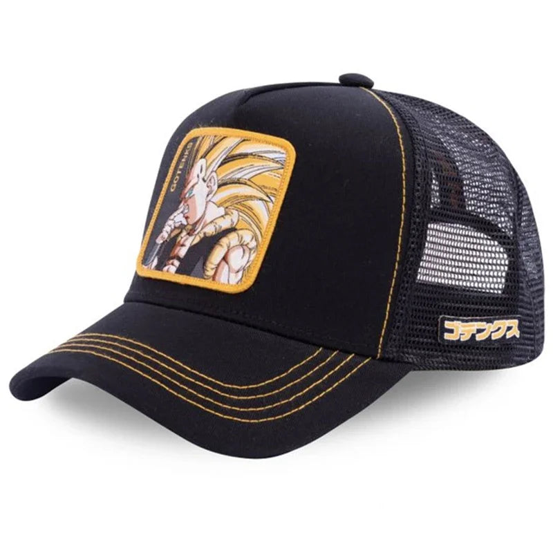 White adjustable baseball cap featuring embroidered Son Goku Dragon Ball design, breathable mesh for summer wear, by Bandai.
