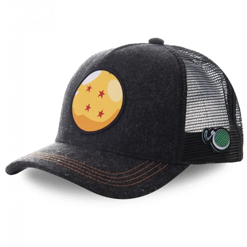 White Bandai Dragon Ball Son Goku baseball cap with embroidered logo, adjustable mesh brim, perfect for summer hip-hop style.