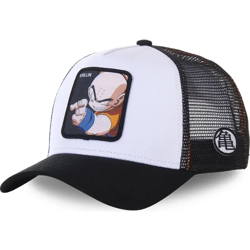 White Bandai Dragon Ball Son Goku summer baseball cap with embroidered logo, adjustable mesh design, perfect for casual wear.