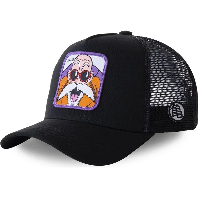 White Bandai Dragon Ball Son Goku summer baseball cap with embroidered logo, adjustable mesh fit, ideal for hip hop style.