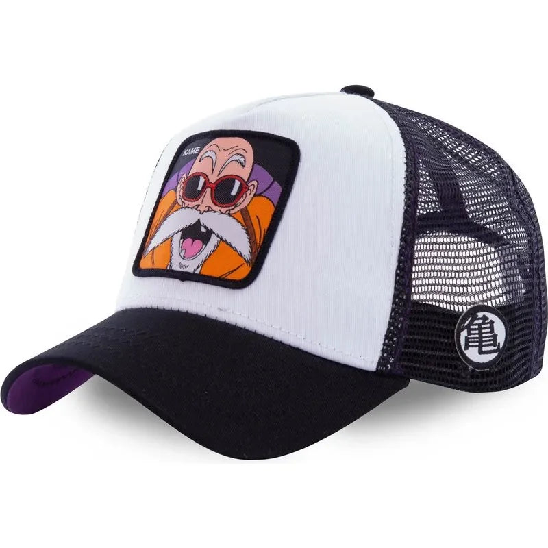White bandai baseball cap featuring embroidered Dragon Ball Son Goku design, adjustable mesh summer hat for casual wear.
