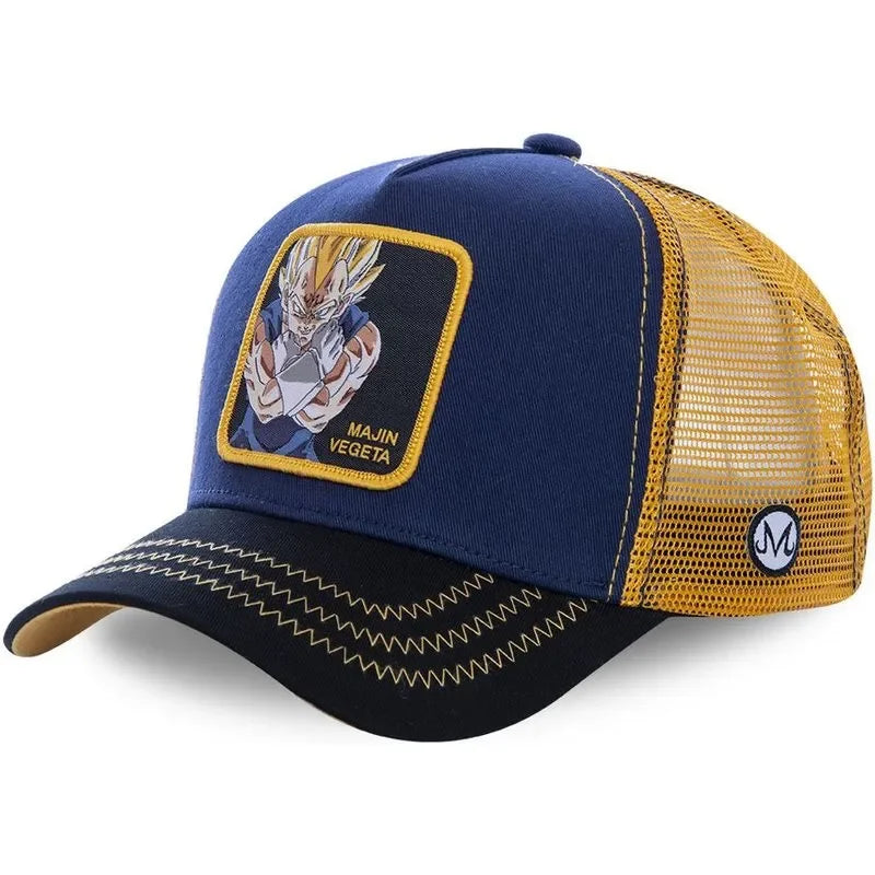 White Bandai Dragon Ball Son Goku summer baseball cap with embroidered logo, adjustable fit, breathable mesh, hip hop style accessory.