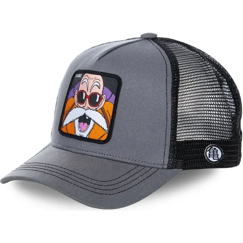 White adjustable baseball cap featuring Dragon Ball Son Goku embroidery, breathable mesh design, ideal for summer hip hop style.