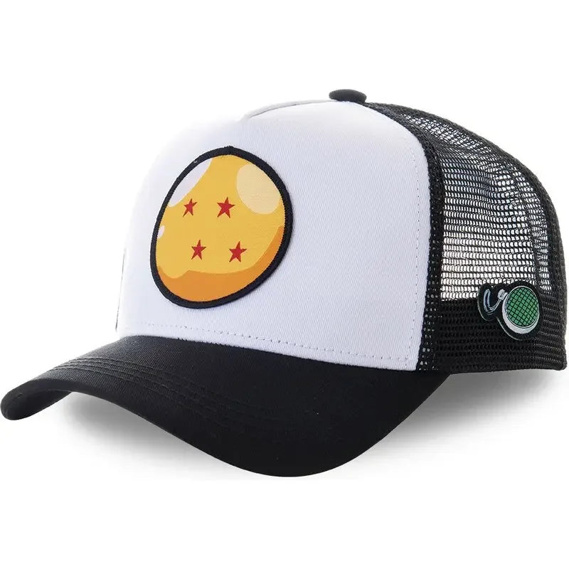 White Bandai Dragon Ball Son Goku baseball cap with embroidered logo, adjustable strap, breathable mesh for summer wear.