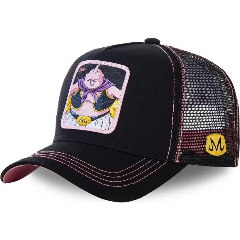 White Bandai Dragon Ball Son Goku baseball cap with embroidered design, adjustable mesh back, perfect for summer hip hop style.