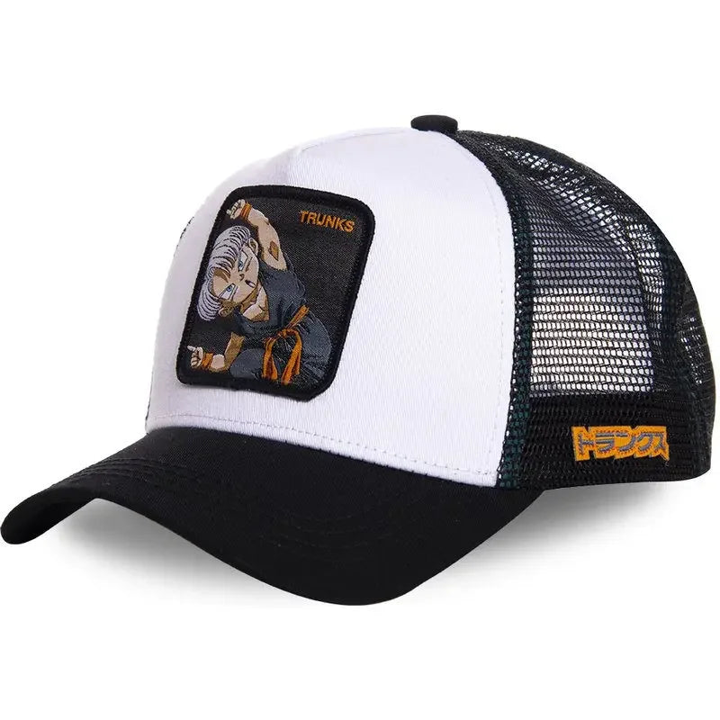White Bandai Dragon Ball Son Goku summer baseball cap with embroidered logo, adjustable hip hop style, breathable mesh material.