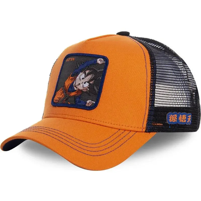 White adjustable baseball cap featuring embroidered Son Goku from Dragon Ball, perfect for summer hip-hop style.