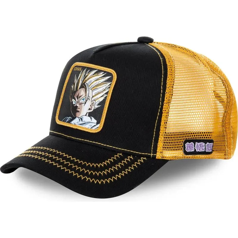 Black and white adjustable baseball cap featuring embroidered Dragon Ball Son Goku logo, summer hip hop style, Bandai accessory.