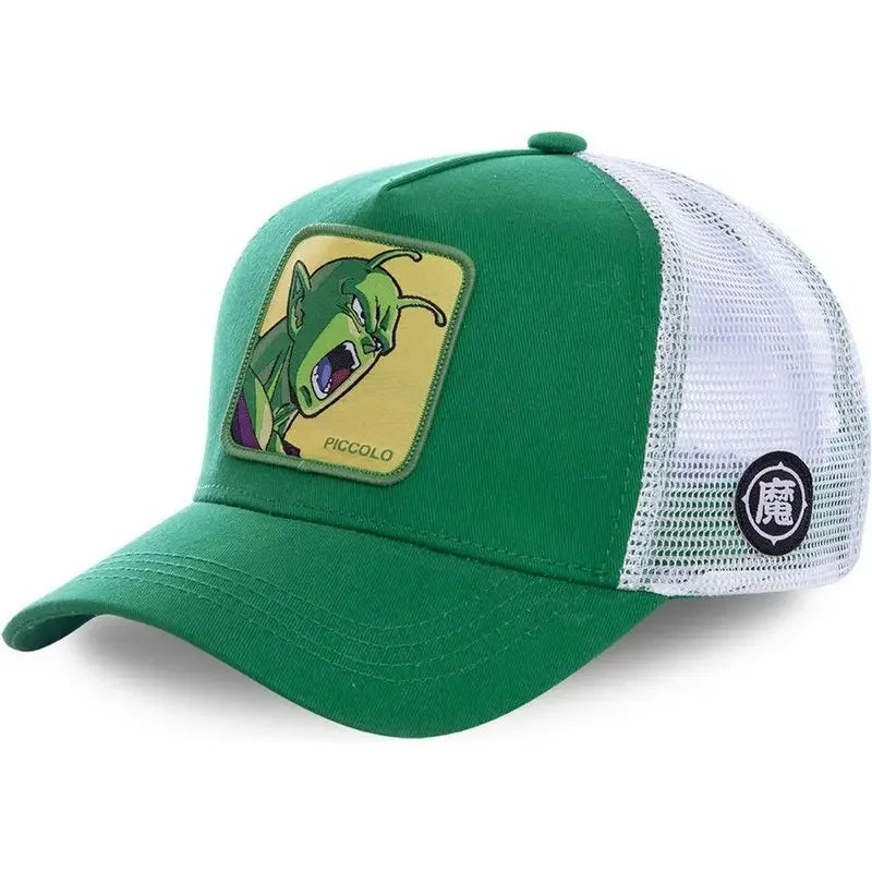 White Dragon Ball Son Goku baseball cap by Bandai, adjustable fit, breathable mesh, embroidered Goku logo, summer hip-hop style.