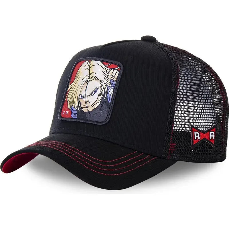 White Bandai Dragon Ball Son Goku summer baseball cap with embroidery, adjustable hip hop style and breathable mesh.