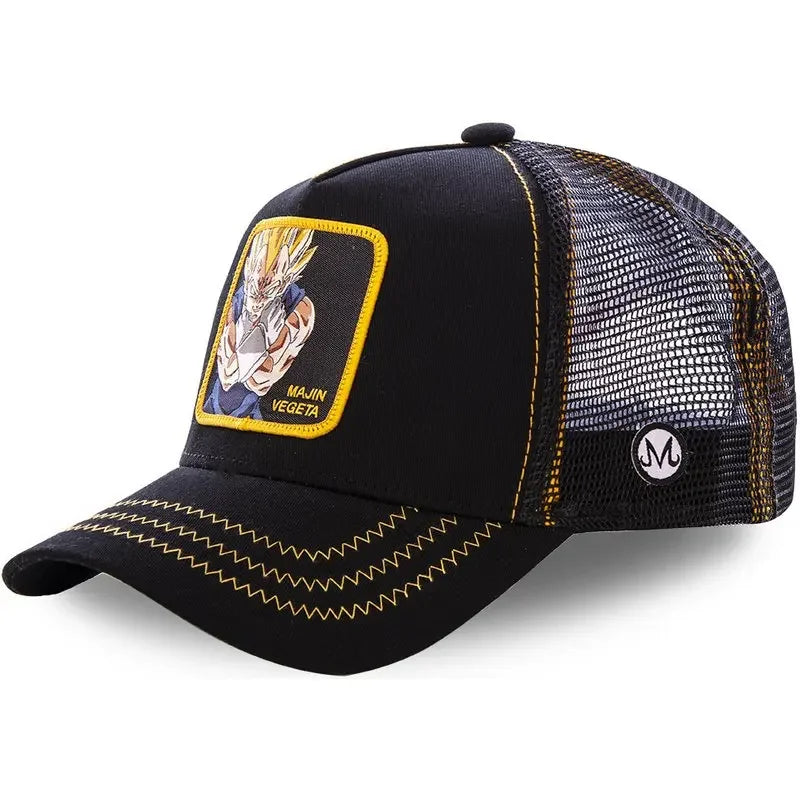 White Bandai Dragon Ball Son Goku summer baseball cap with embroidered design, adjustable hip hop style, breathable mesh material.