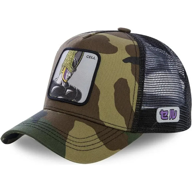 Bandai Dragon Ball Son Goku summer baseball cap, adjustable, embroidered, white mesh visor, hip hop style, perfect for fans.