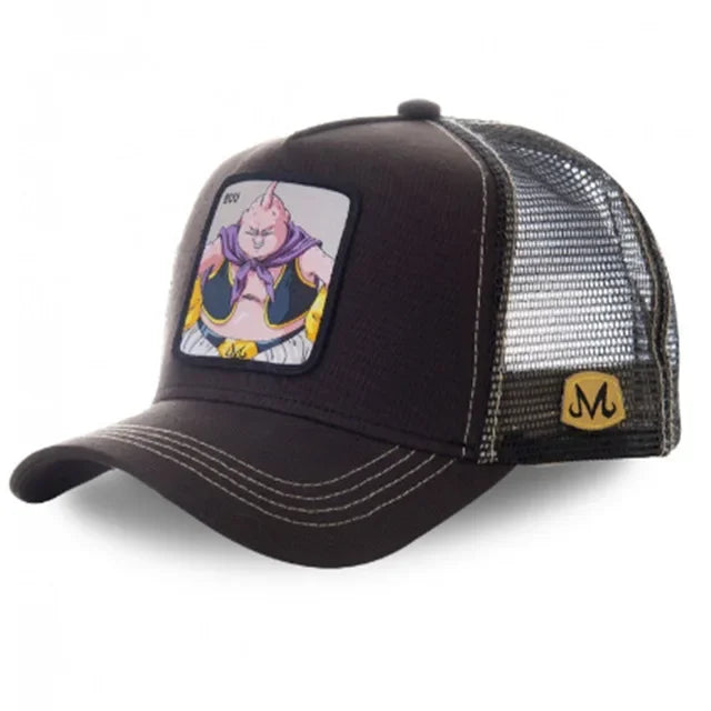 White adjustable baseball cap featuring embroidered Son Goku from Dragon Ball, breathable mesh design, ideal for summer hip hop style
