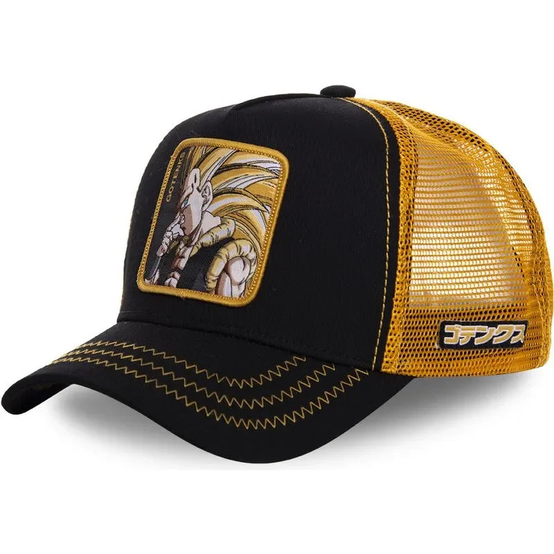 White Bandai Dragon Ball Son Goku summer baseball cap with embroidered logo, adjustable mesh design, ideal for hip hop style.