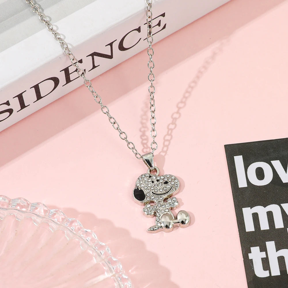 Bandai Snoopy necklace with circular zirconia pendant, perfect as a couple’s jewelry gift, featuring cartoon design and chain.