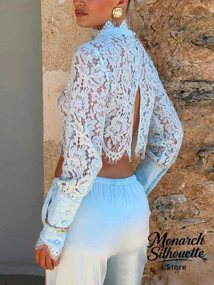 Elegant blue lace women's two-piece set by Beainmmry, featuring a khaki top and stylish, comfortable design for any occasion.