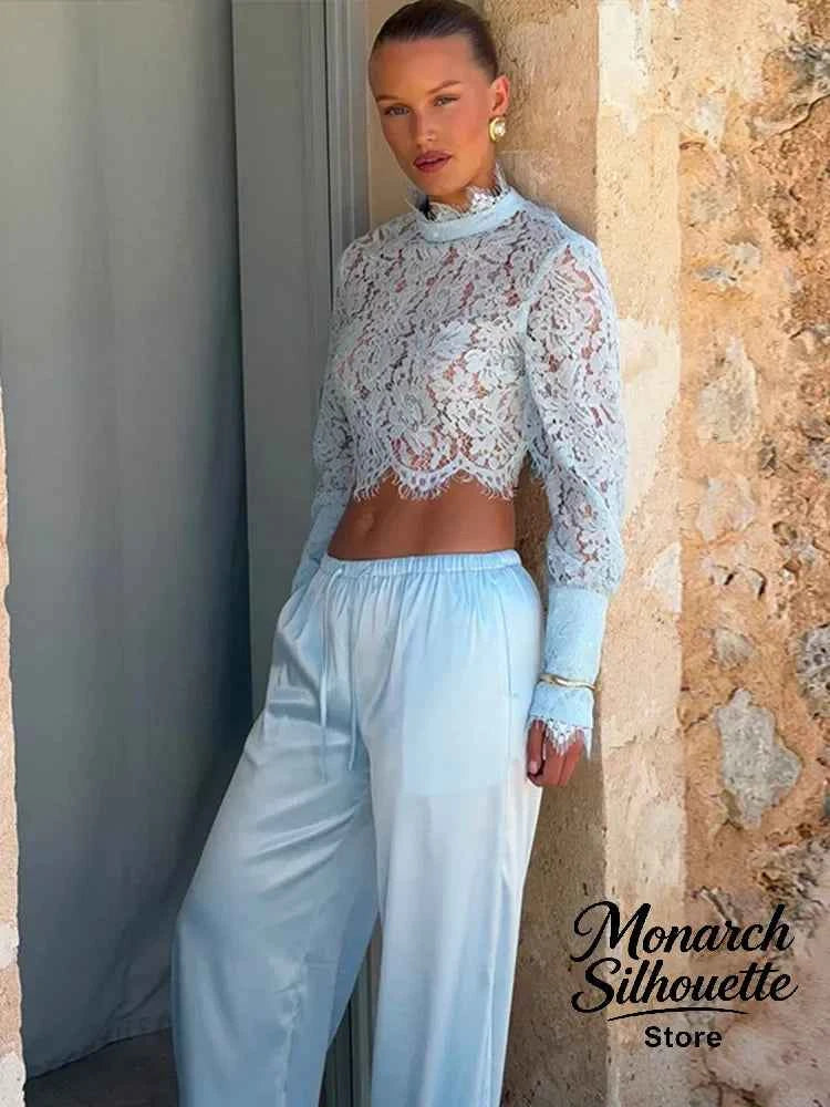 Elegant blue lace women's two-piece set by Beainmmry featuring a khaki top, perfect for stylish and comfortable occasions.