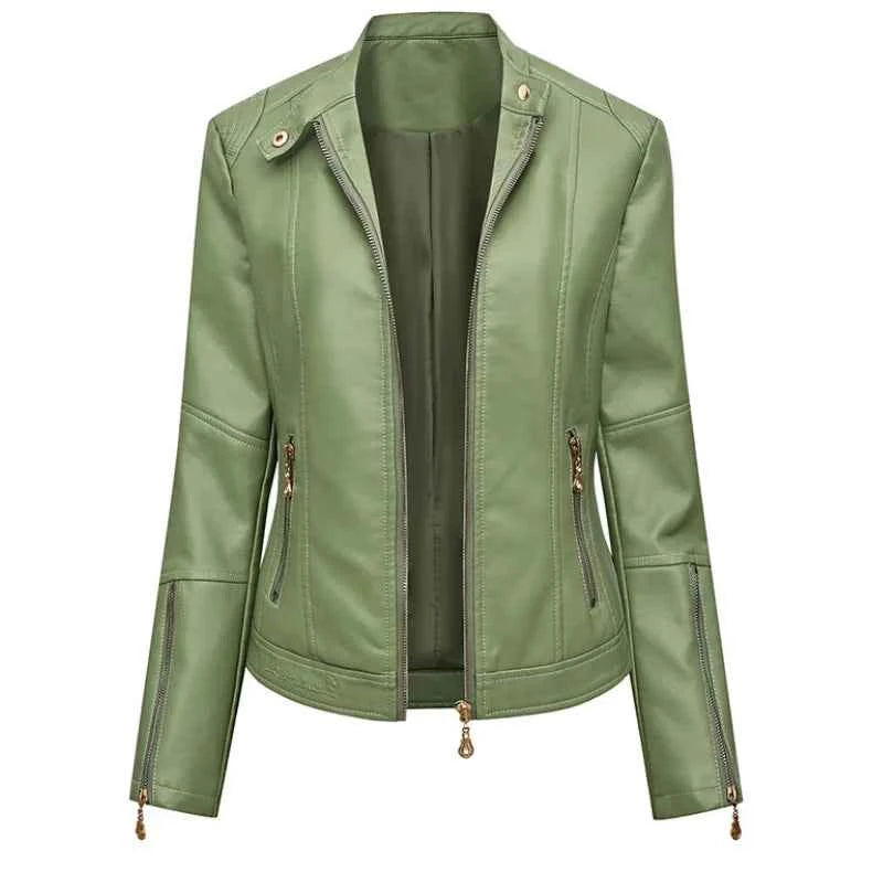 BeckyWalk green women's PU leather jacket with mandarin collar, front zipper, fitted style, suitable for stylish casual wear.