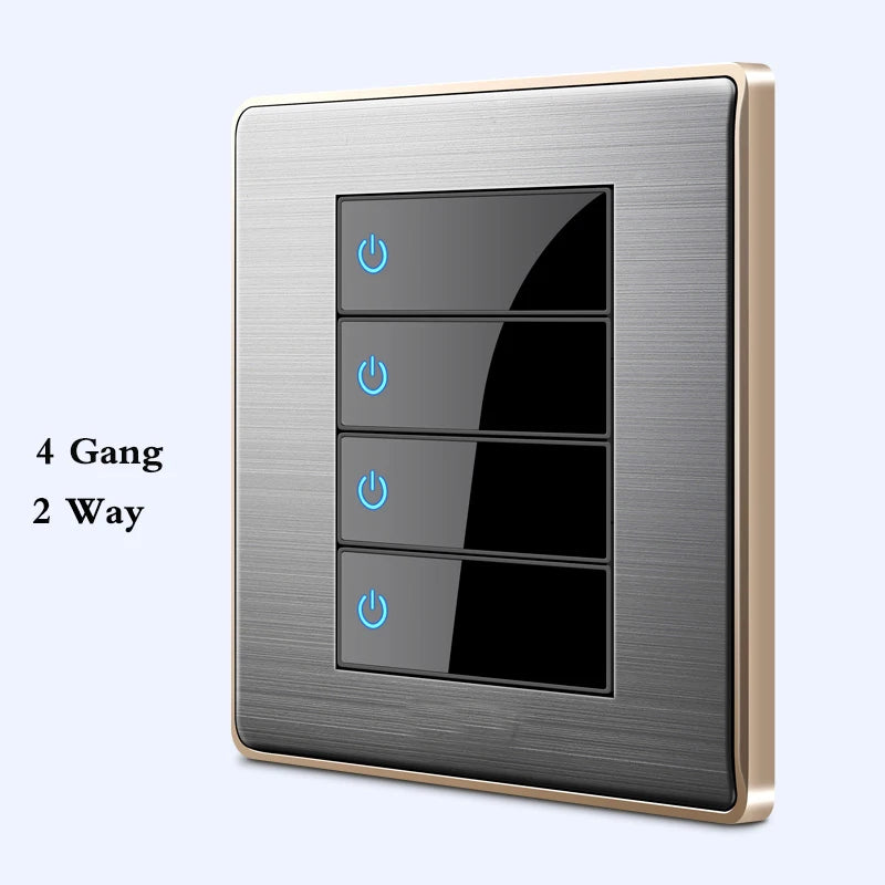 BIHU LED 1-4 gang stainless steel switch for home lighting, featuring 1/2 Vía design and modern metallic finish.
