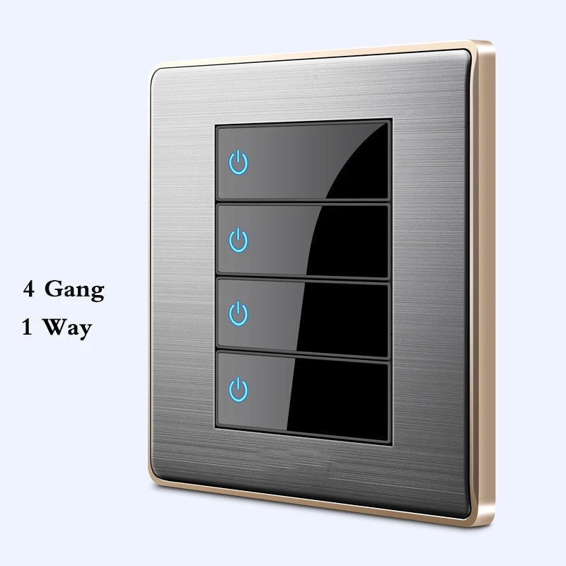 BIHU LED 1-4 gang stainless steel switch for home lighting, 1/2 Vía, modern design, durable metal finish