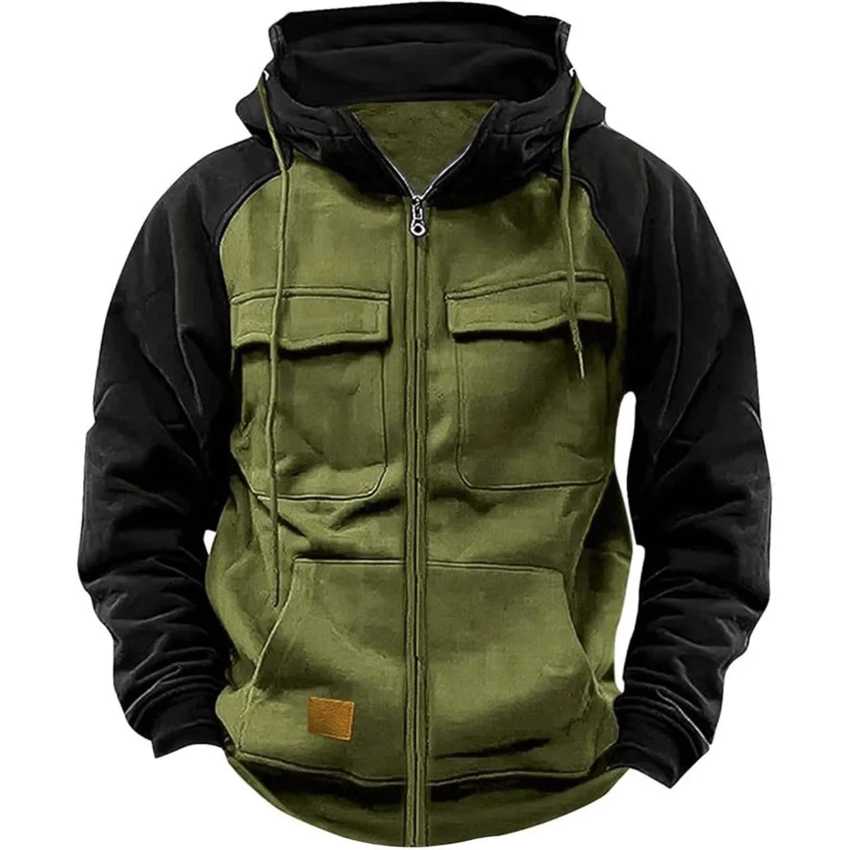 Men's retro hoodie by BOILEN HENG XIN in military green, featuring a front zipper, ideal for autumn and winter wear.
