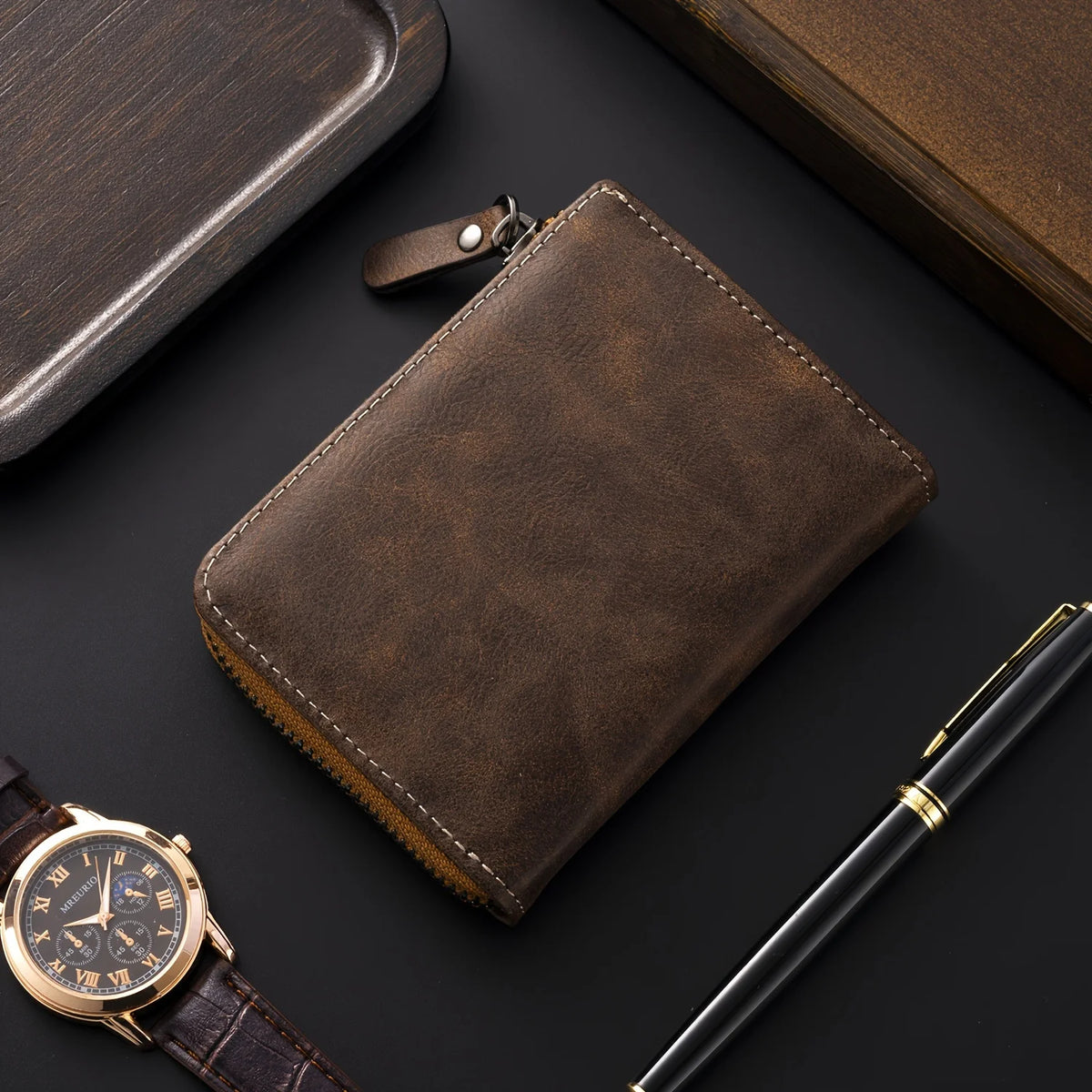 CEXIKA short retro leather wallet with multiple compartments, brown PU material, multifunctional design for cards and cash.