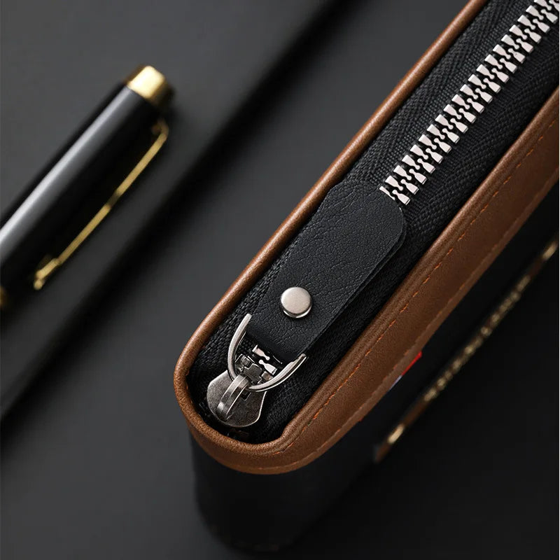 Black CEXIKA retro men's wallet with triple fold design and hidden pocket, featuring multiple card slots and a stylish vintage look.