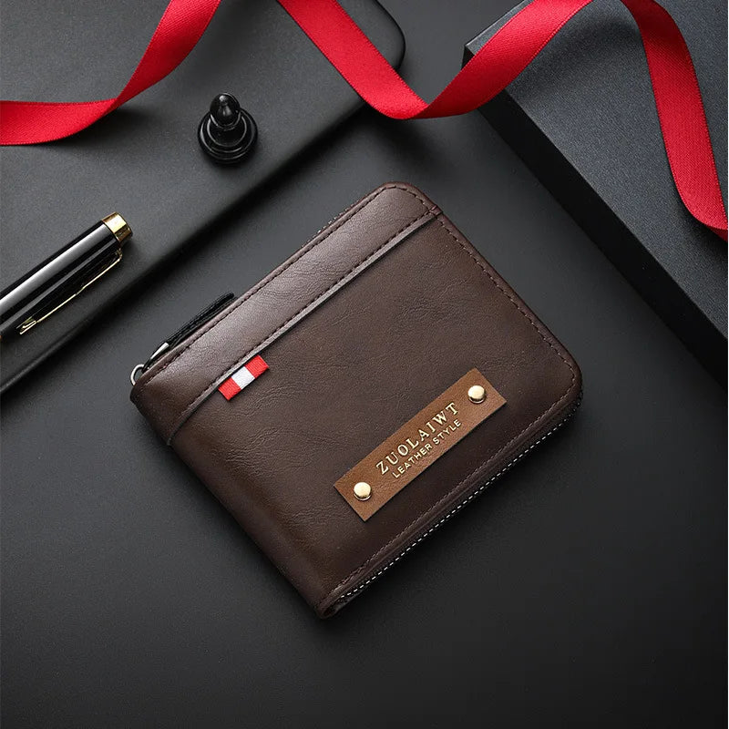 Black CEXIKA men's retro triple fold wallet with hidden pocket, made of leather, featuring multiple card slots and a stylish design.