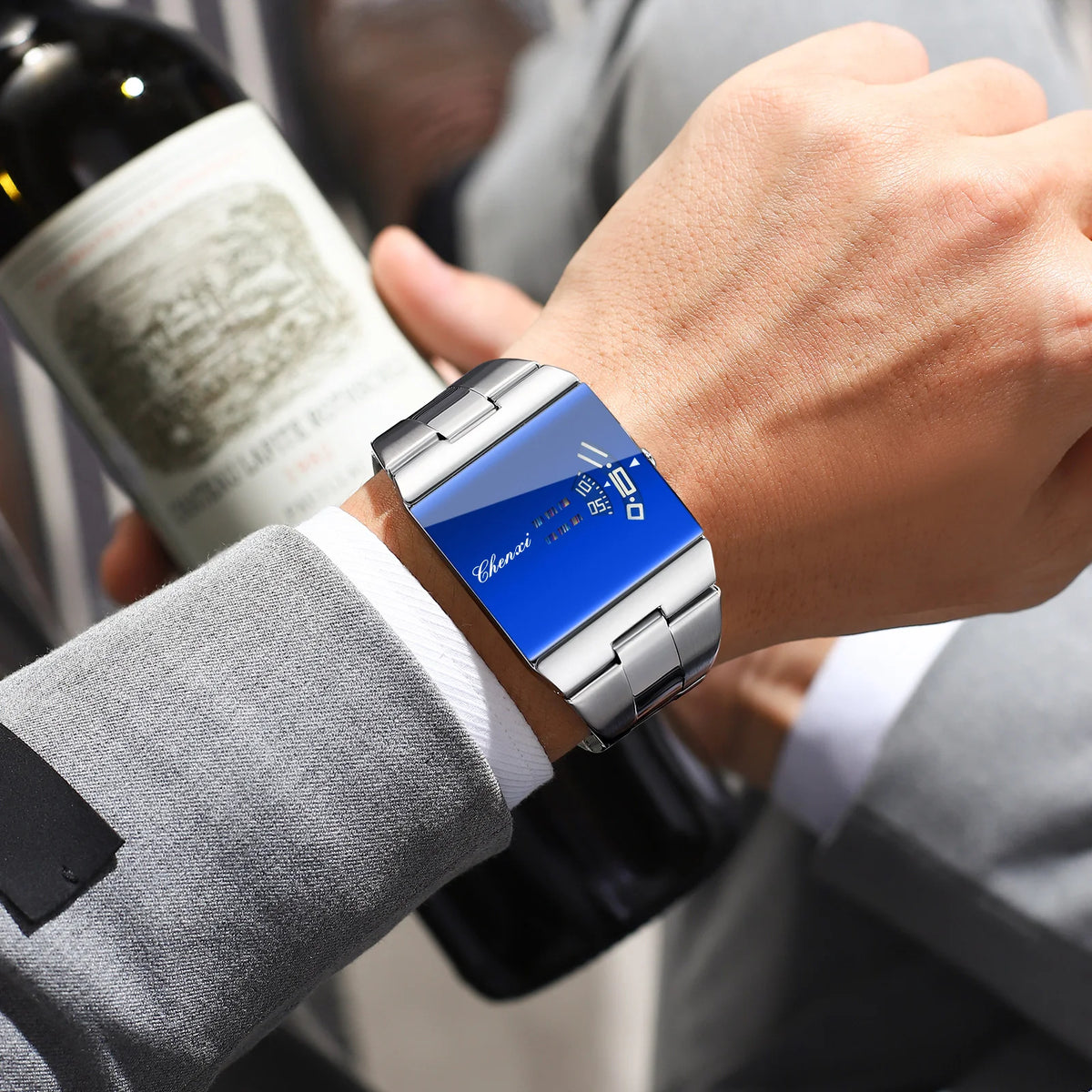 Rectangular orange ChenXi men's sports quartz wristwatch with black strap and digital display, designed for active wear.