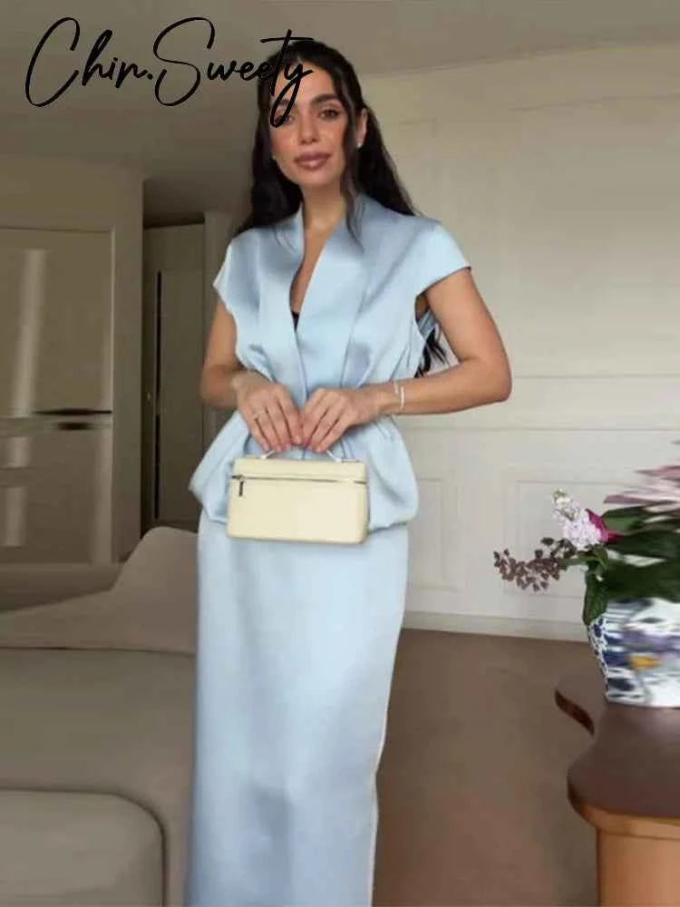 Chin.Sweety women's blue blazer and skirt set, stylish urban summer outfit perfect for elegant looks in 2026.