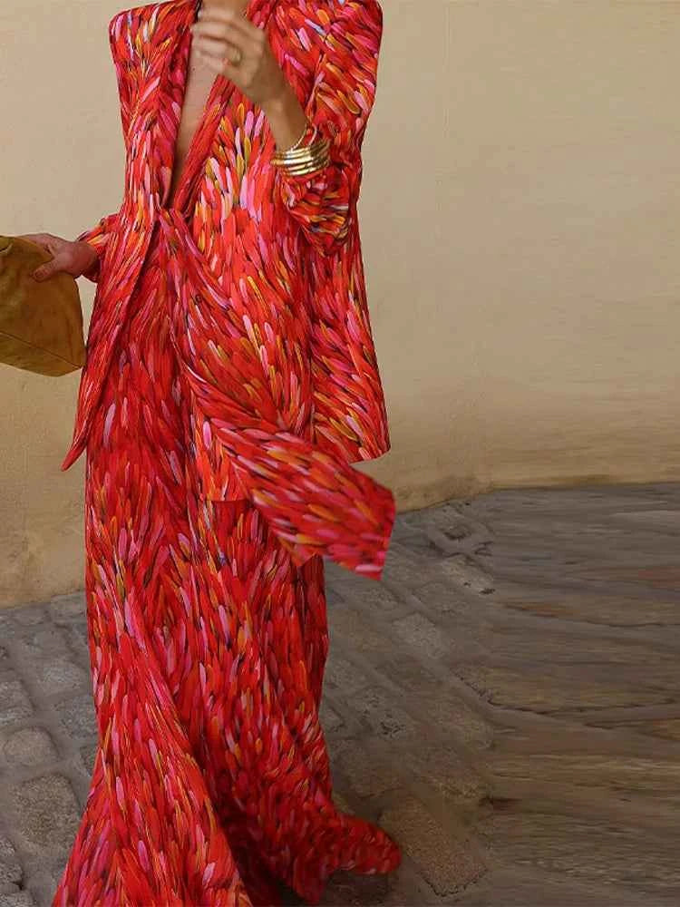 Chin.Sweety floral spring women's blazer and wide-leg pants set, stylish two-piece outfit with vibrant floral pattern.