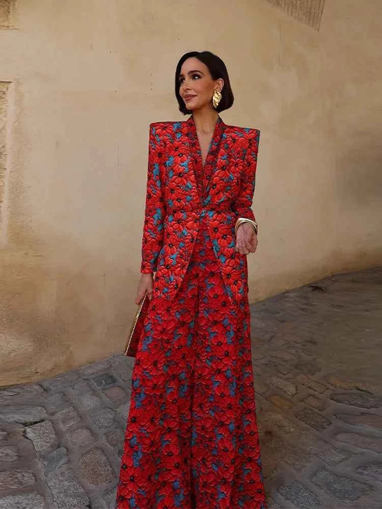 Chin.Sweety floral spring women's blazer and wide-leg pants set, stylish two-piece women’s outfit with a floral pattern