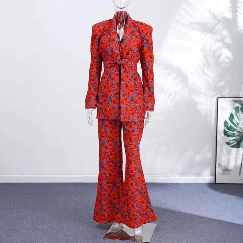 Chin.Sweety floral spring women's blazer and wide-leg pants set, stylish two-piece outfit for spring fashion.