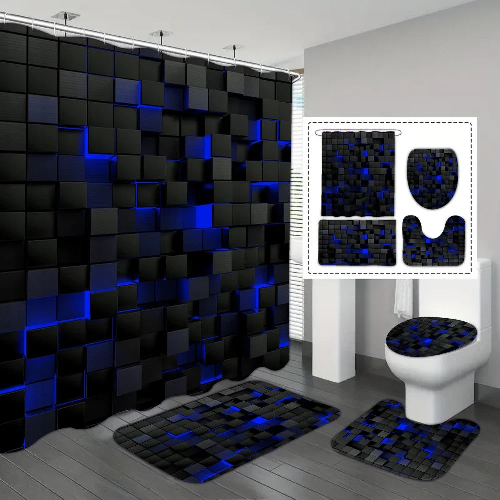 Imagen de juego de cortinas de ducha impermeables CMYK, 4 piezas con diseño de cuadros en azul y negro, para baño.