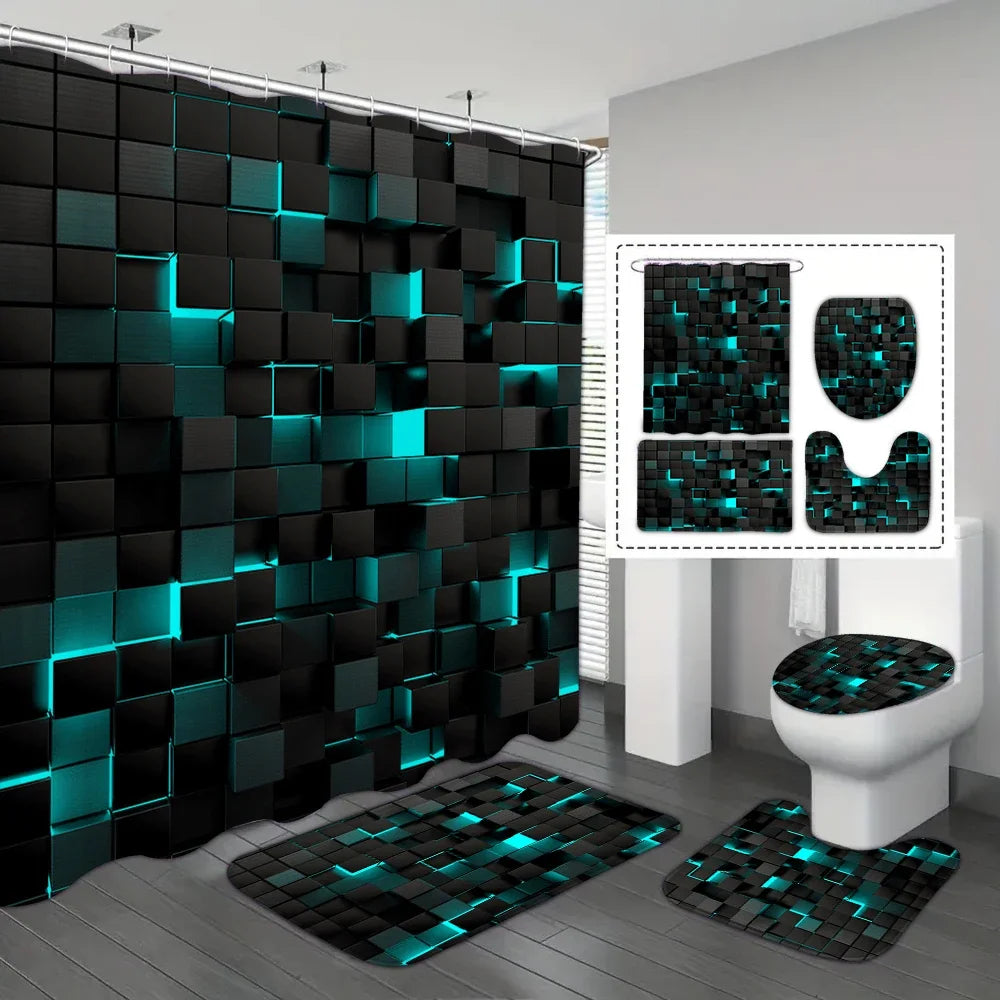 CMYK waterproof four-piece shower curtain set with blue and black square pattern, suitable for bathroom decor.